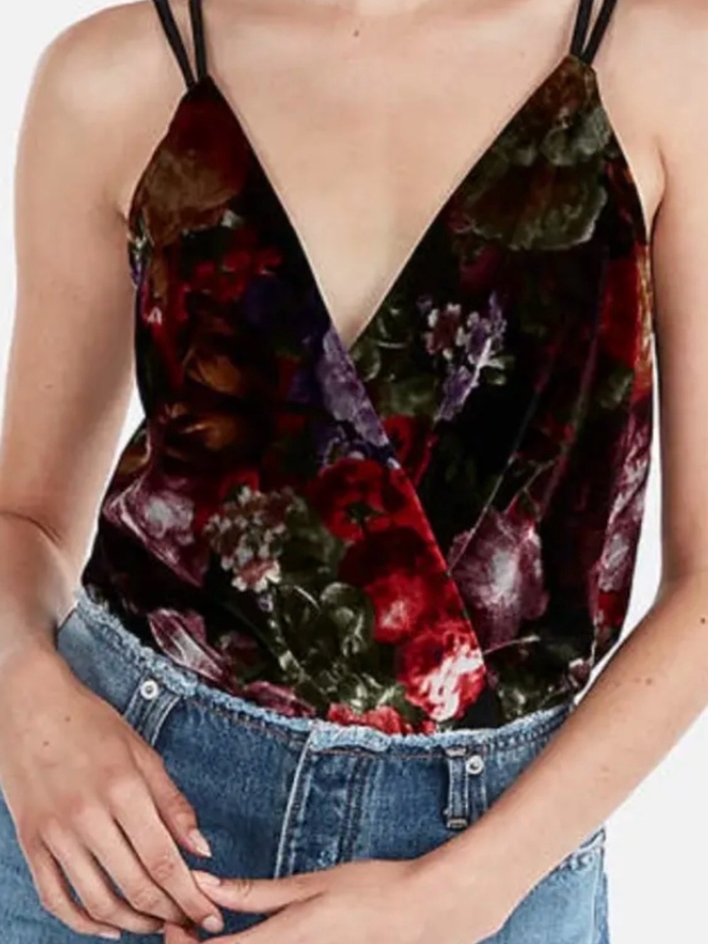Express Velvet Floral Surplice Bodysuit - Red, Black, Green